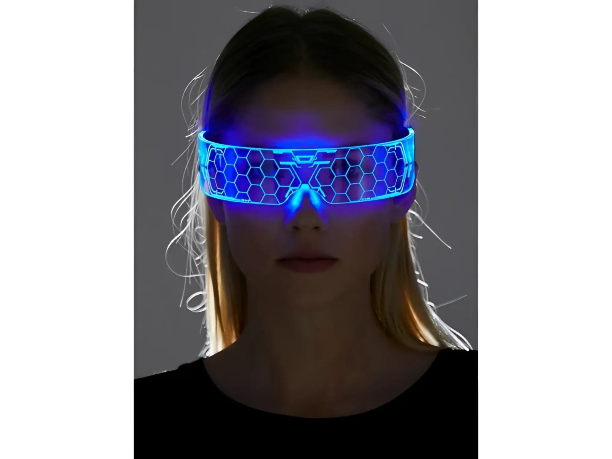 Cyberpunk light up glasses with blue led-lit futuristic visor and hexagonal pattern for stylish nightwear use
