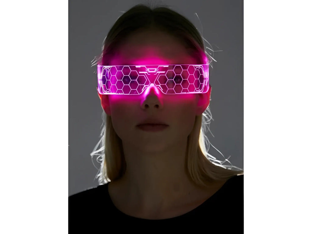 Cyberpunk light up glasses with pink led-lit hexagonal grid pattern for futuristic style and night use