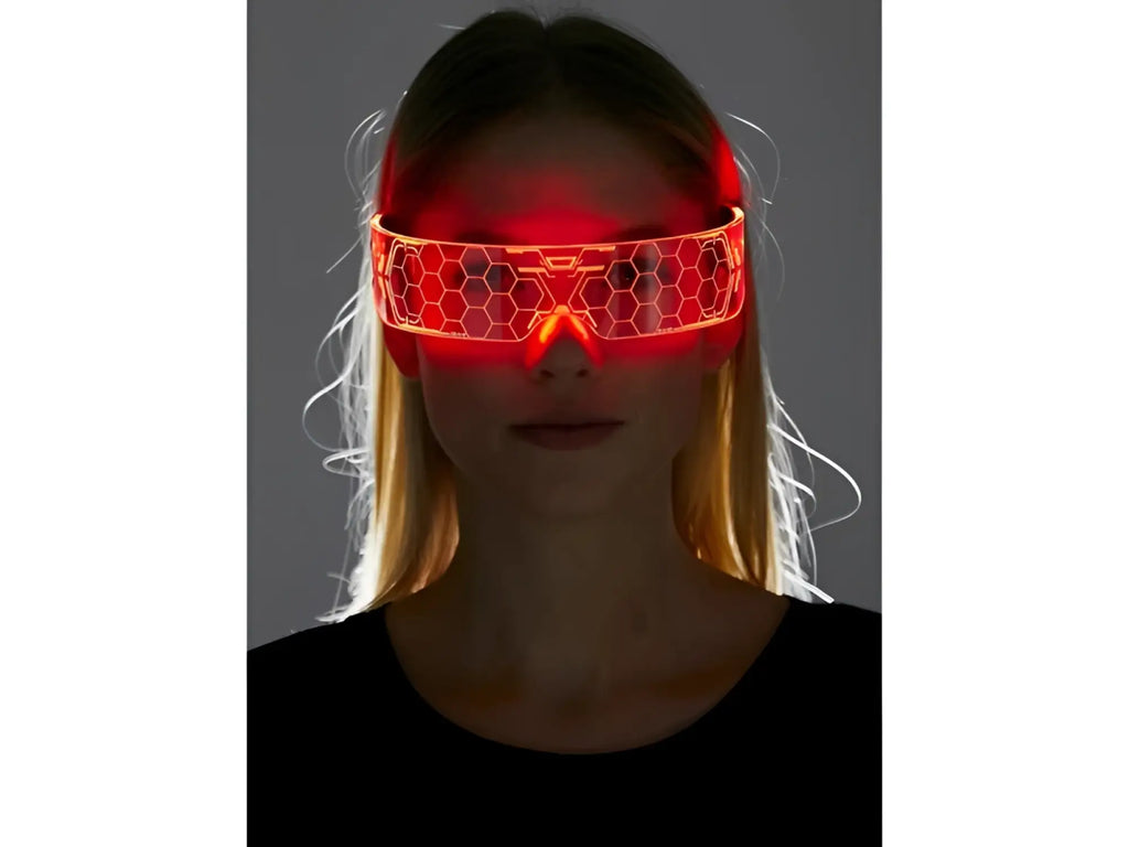 Cyberpunk light up glasses with red led-lit futuristic goggles featuring a hexagonal pattern design