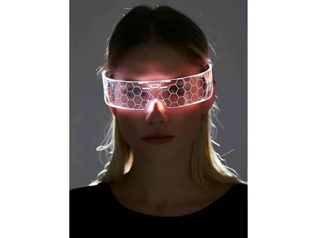 A sleek translucent white cyberpunk light up glasses with glowing hexagonal pattern and red eye illumination