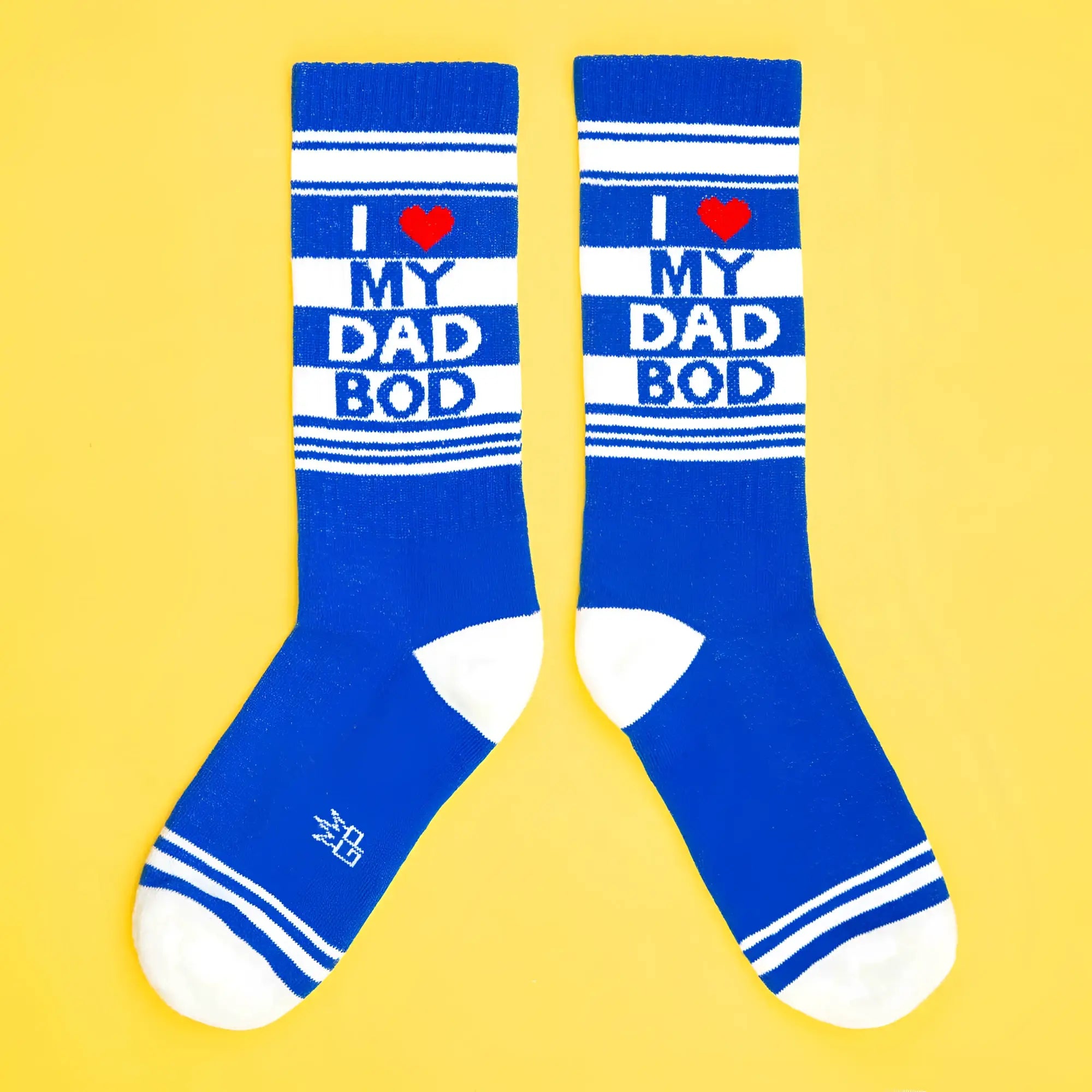 Blue and white striped crew socks with i heart my dad bod print in bold blue letters and a red heart symbol