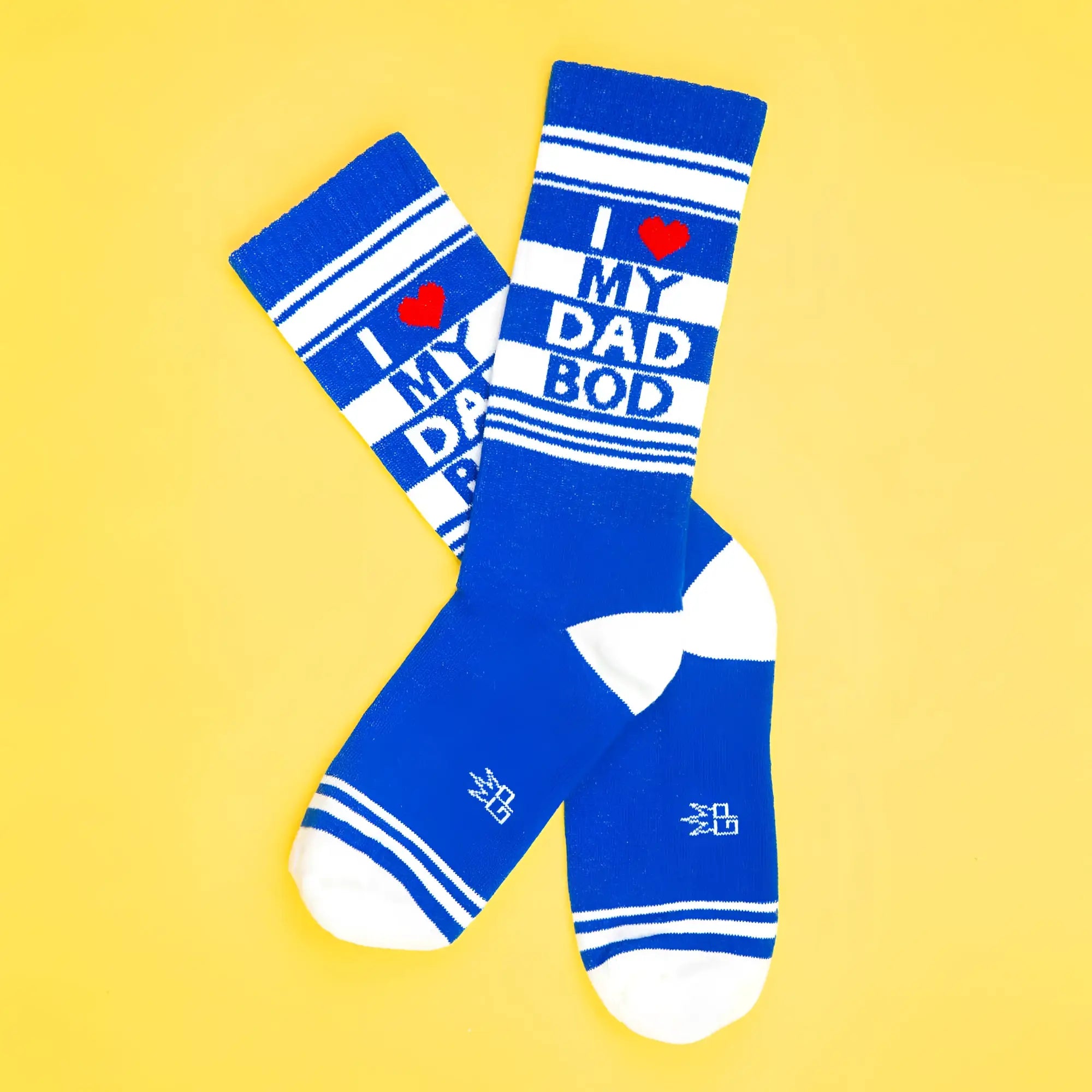 Blue crew socks with white stripes and red heart saying i love my dad bod in white text perfect for casual wear