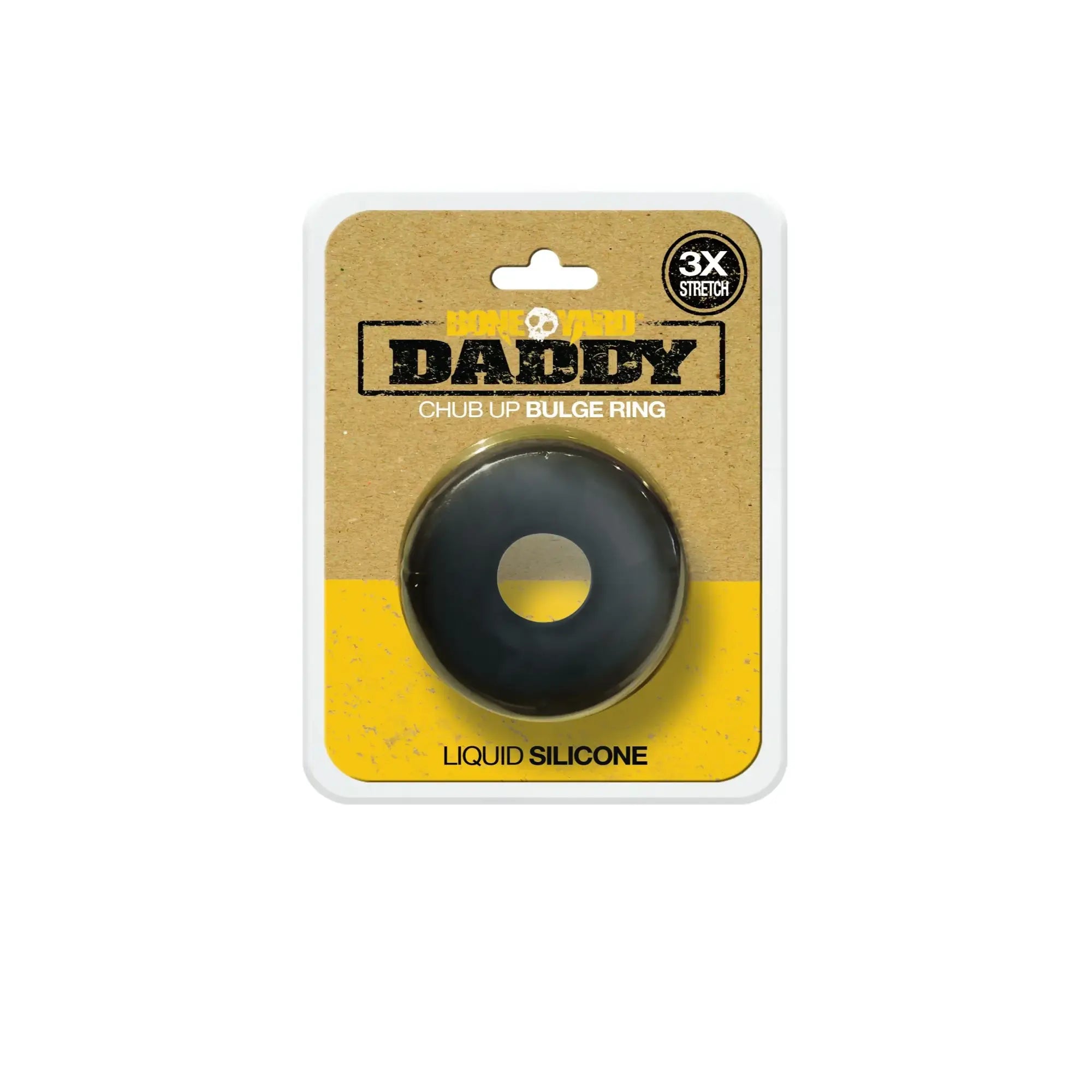 Black liquid silicone chub up bulge ring packaged in cardboard and yellow box from daddy black collection