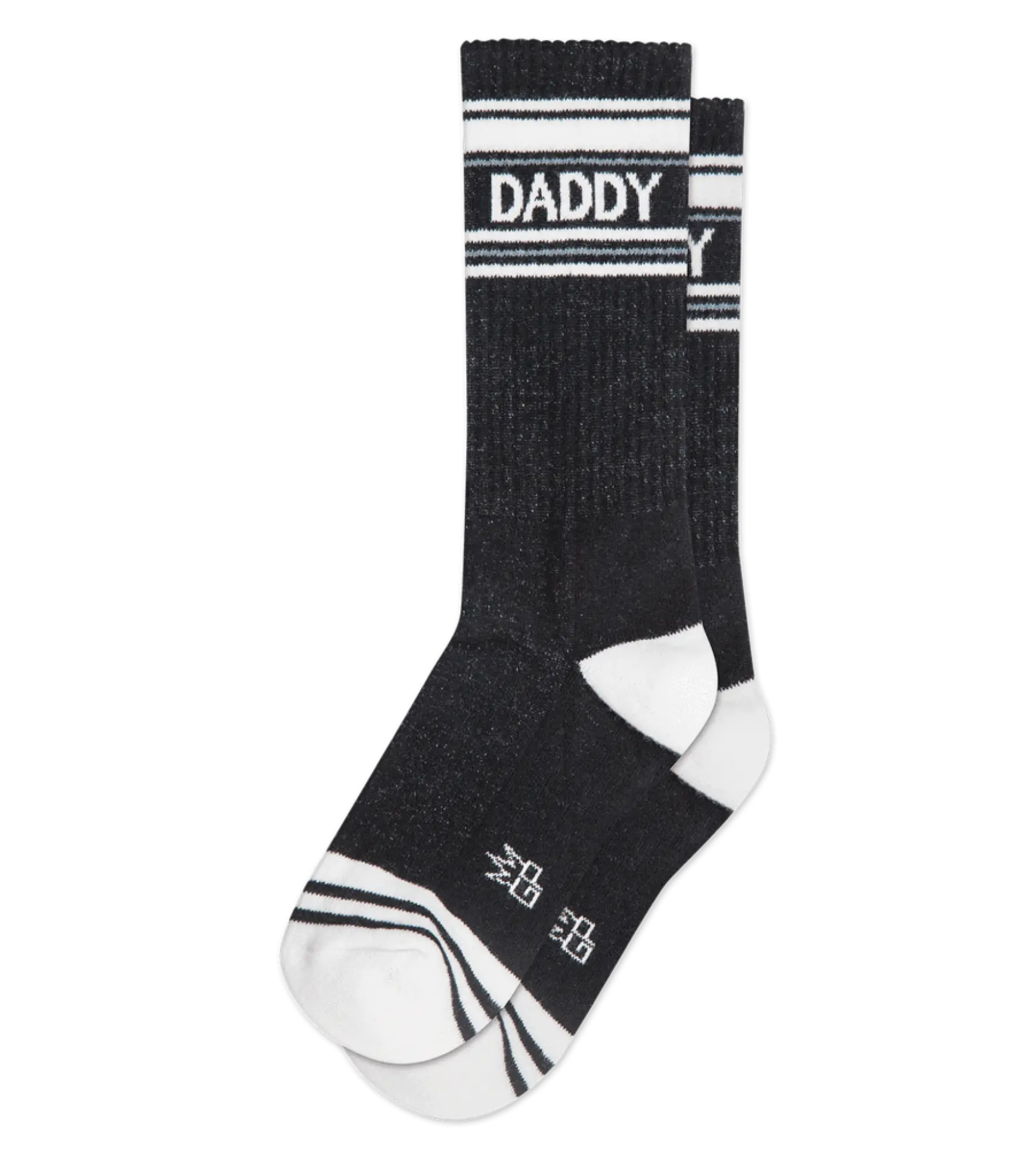 Black daddy crew socks with white stripes in textured knit material for athletic wear
