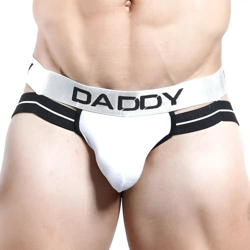 White daddy brand briefs with black trim and silver waistband featuring bold daddy lettering in dde001 jockstrap design