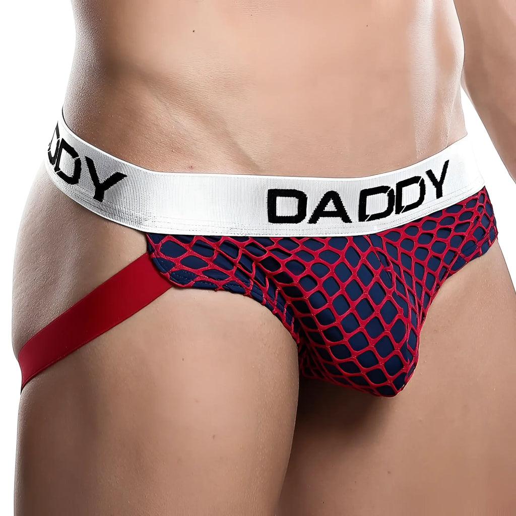 Red and navy blue mesh daddy dde023 jockstrap briefs with white waistband and black daddy lettering