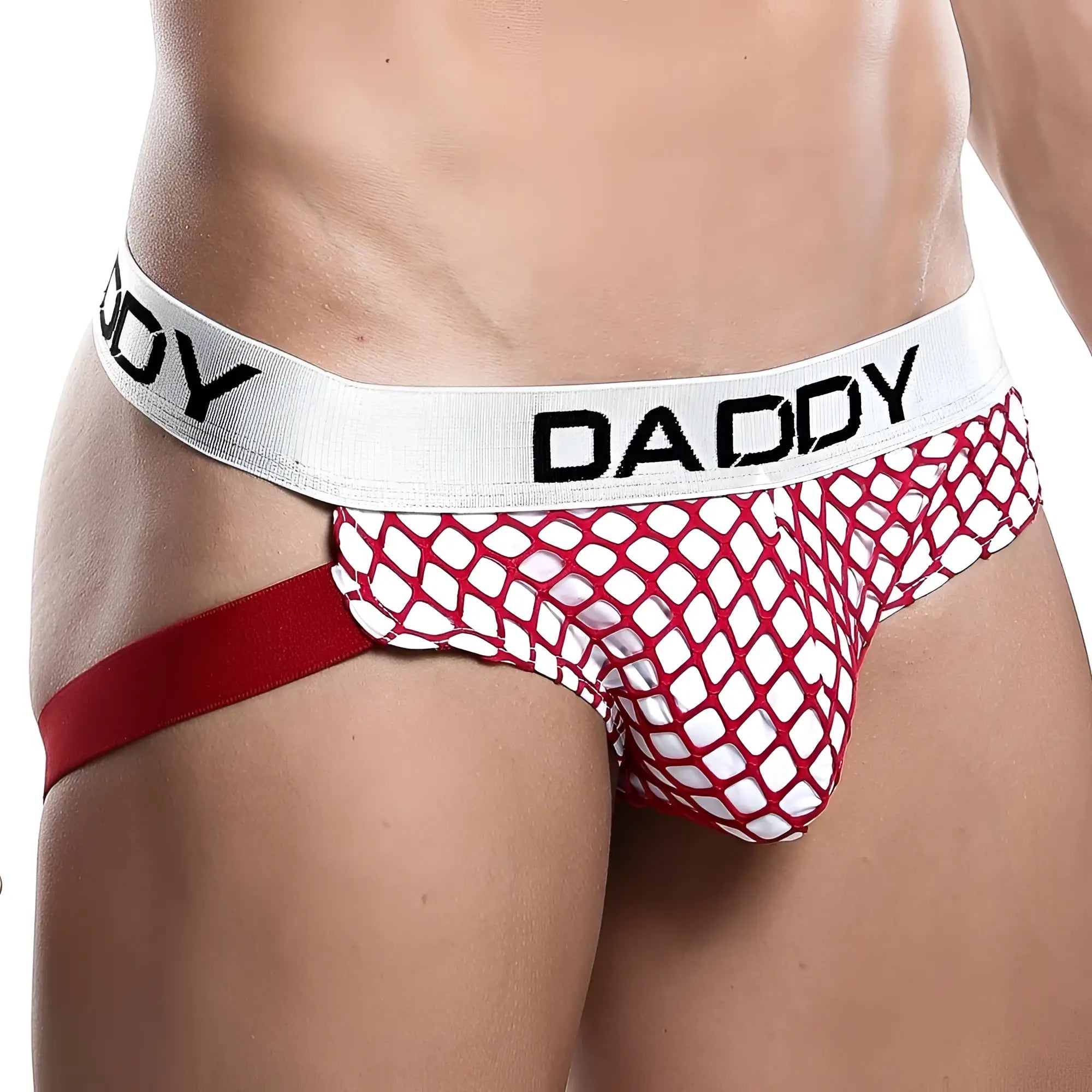 Red and white mesh daddy dde023 jockstrap with solid red side strap and white waistband featuring bold black lettering