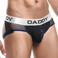 Black and navy blue daddy dde027 jockstrap briefs with silver waistband and bold black lettering front view