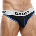 Black daddy brand briefs with silver waistband and bold black lettering featuring blue trim daddy dde028 jockstrap
