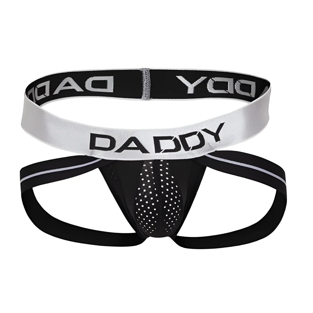 Black and silver daddy dde029 jockstrap with perforated mesh panel for breathable support and comfort