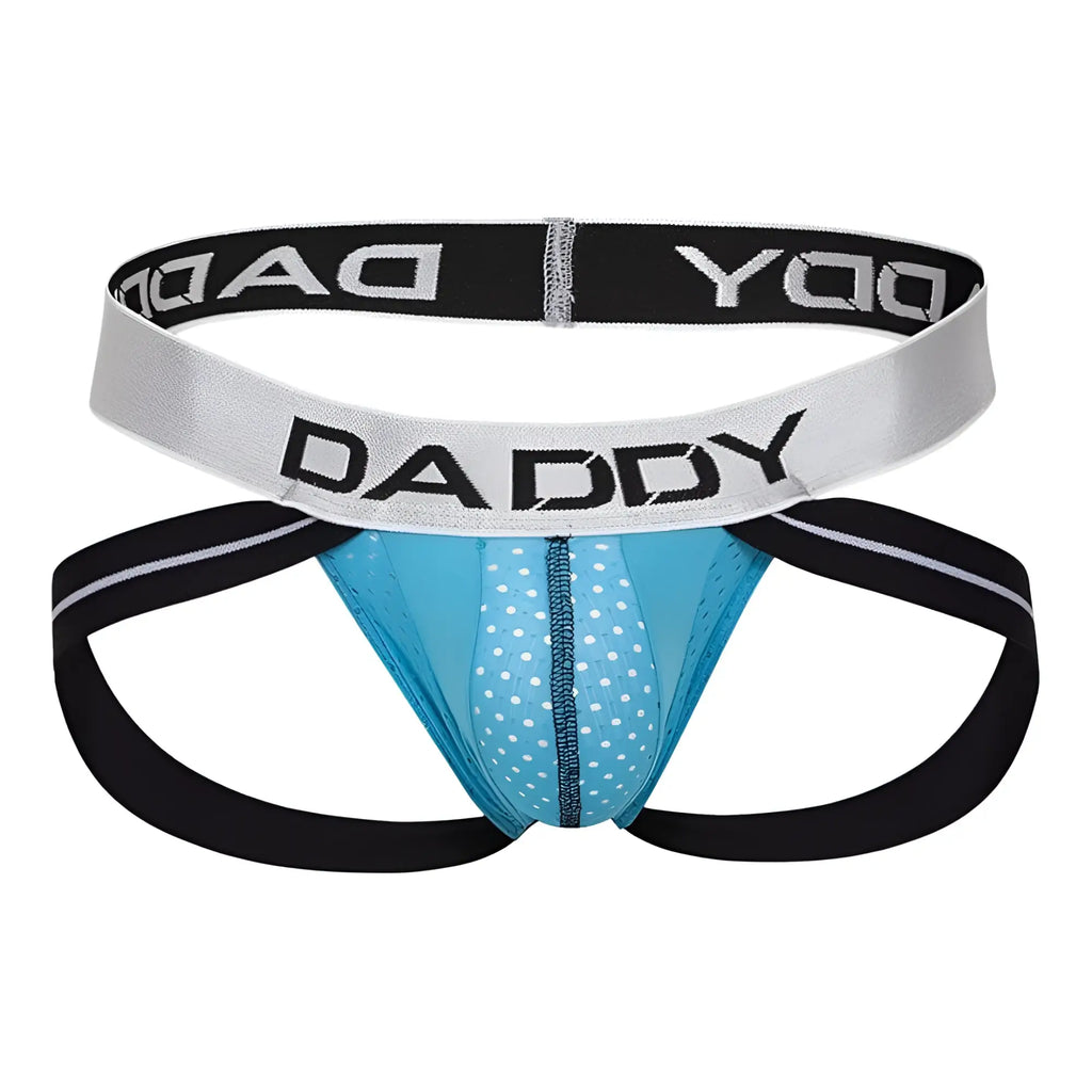 Blue polka-dotted daddy brand jockstrap with black and silver elastic bands for comfortable support