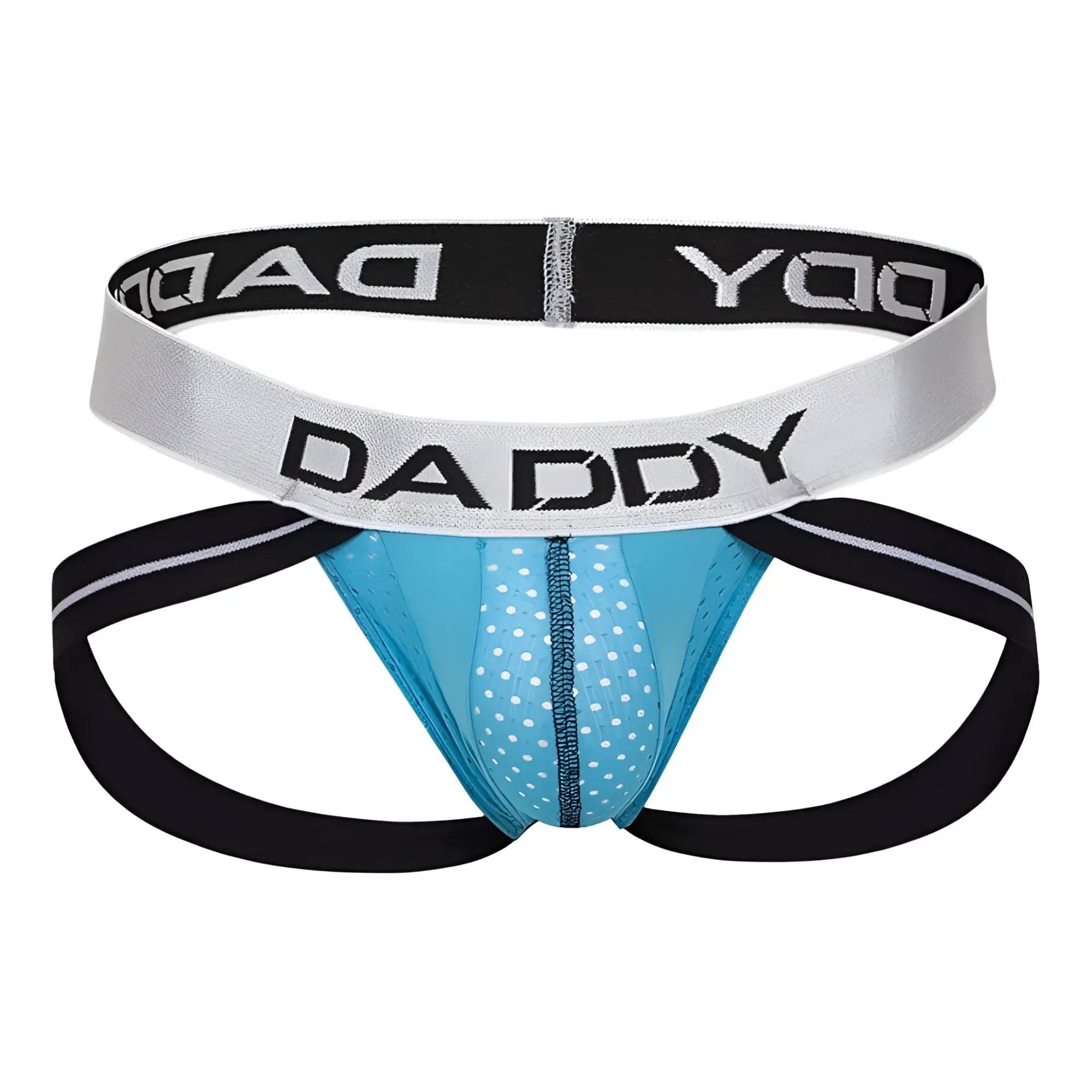 Blue polka-dotted daddy brand jockstrap with black and silver elastic bands for comfortable support