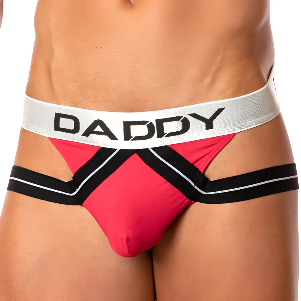 Bright pink Daddy DDE030 jockstrap briefs with black and white trim designed for comfortable support