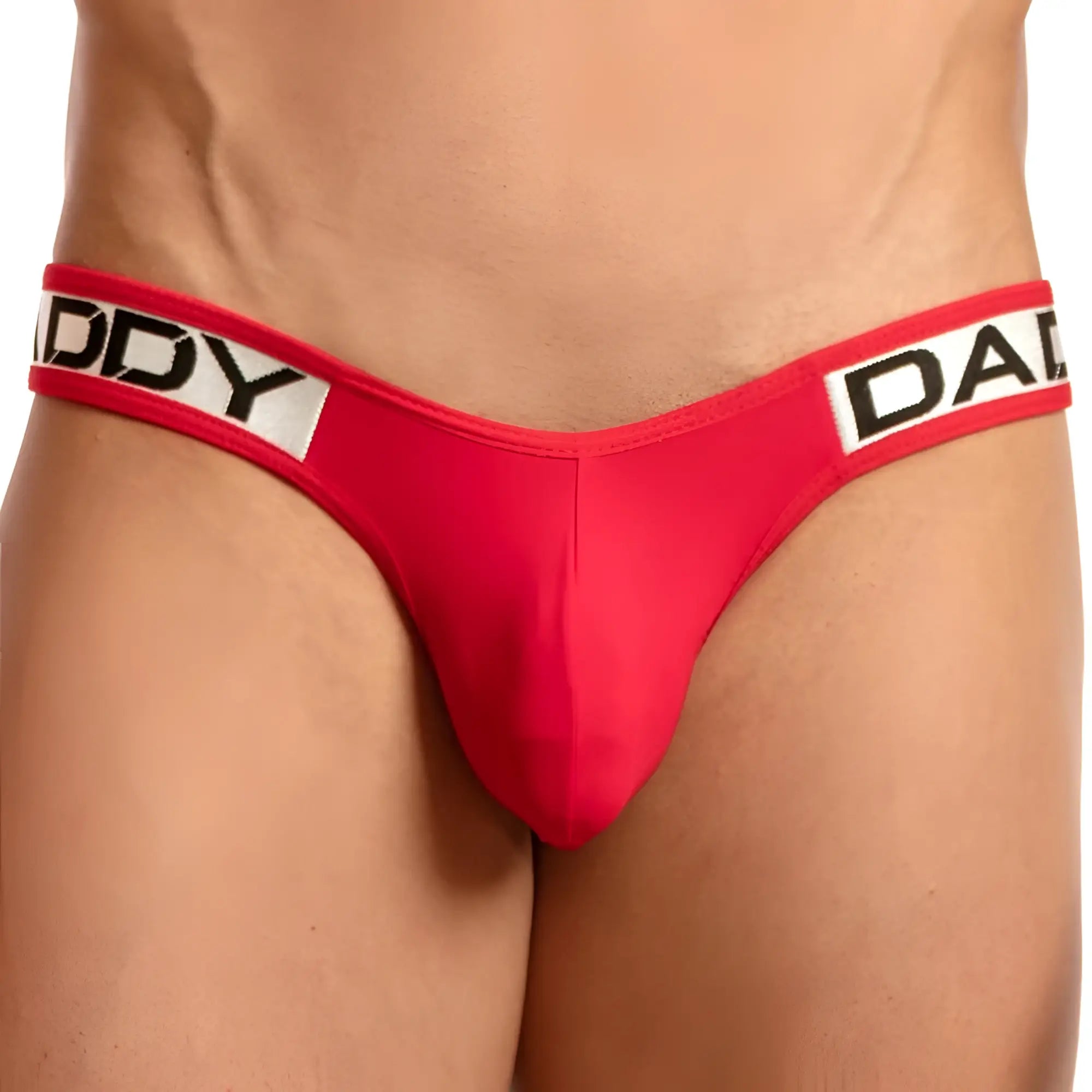 Red daddy brand red thong jockstrap with black and white lettering on the waistband front view