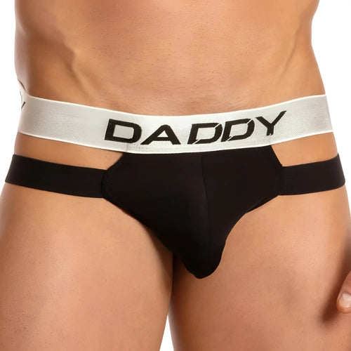 Black daddy brand briefs with a silver waistband featuring bold black lettering in the daddy dde034 jockstrap design