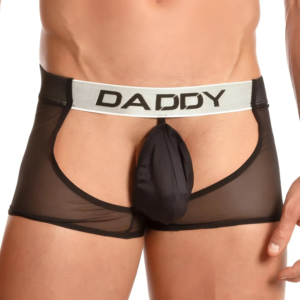 Black sheer mesh men’s daddy dde036 jockstrap with silver waistband and bold black daddy lettering pouch front view