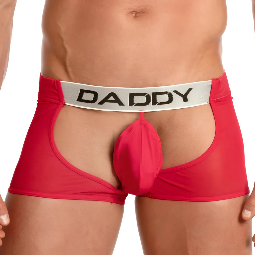 Red daddy brand men’s jockstrap underwear in red with a silver waistband and prominent pouch model dde036