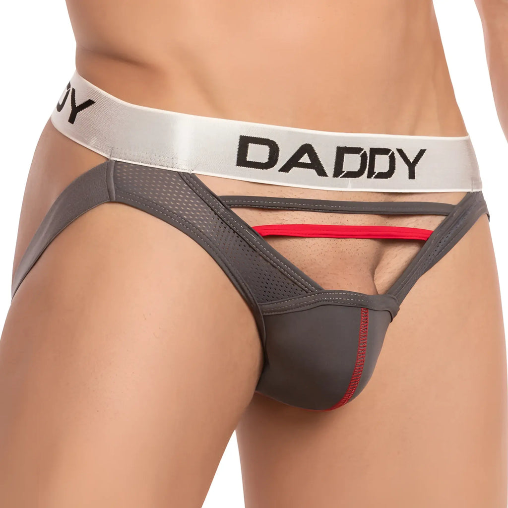Gray and red mesh daddy dde038 jockstrap briefs with white waistband and daddy lettering in black