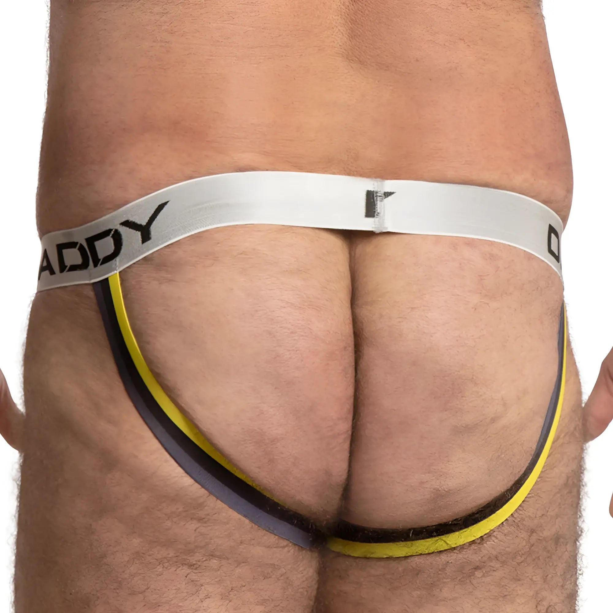 Yellow and black daddy dde040 jockstrap featuring a white waistband with addy branding in bold black letters