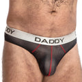 Black mesh daddy DDE041 jockstrap briefs with red stitching and white waistband featuring brand name