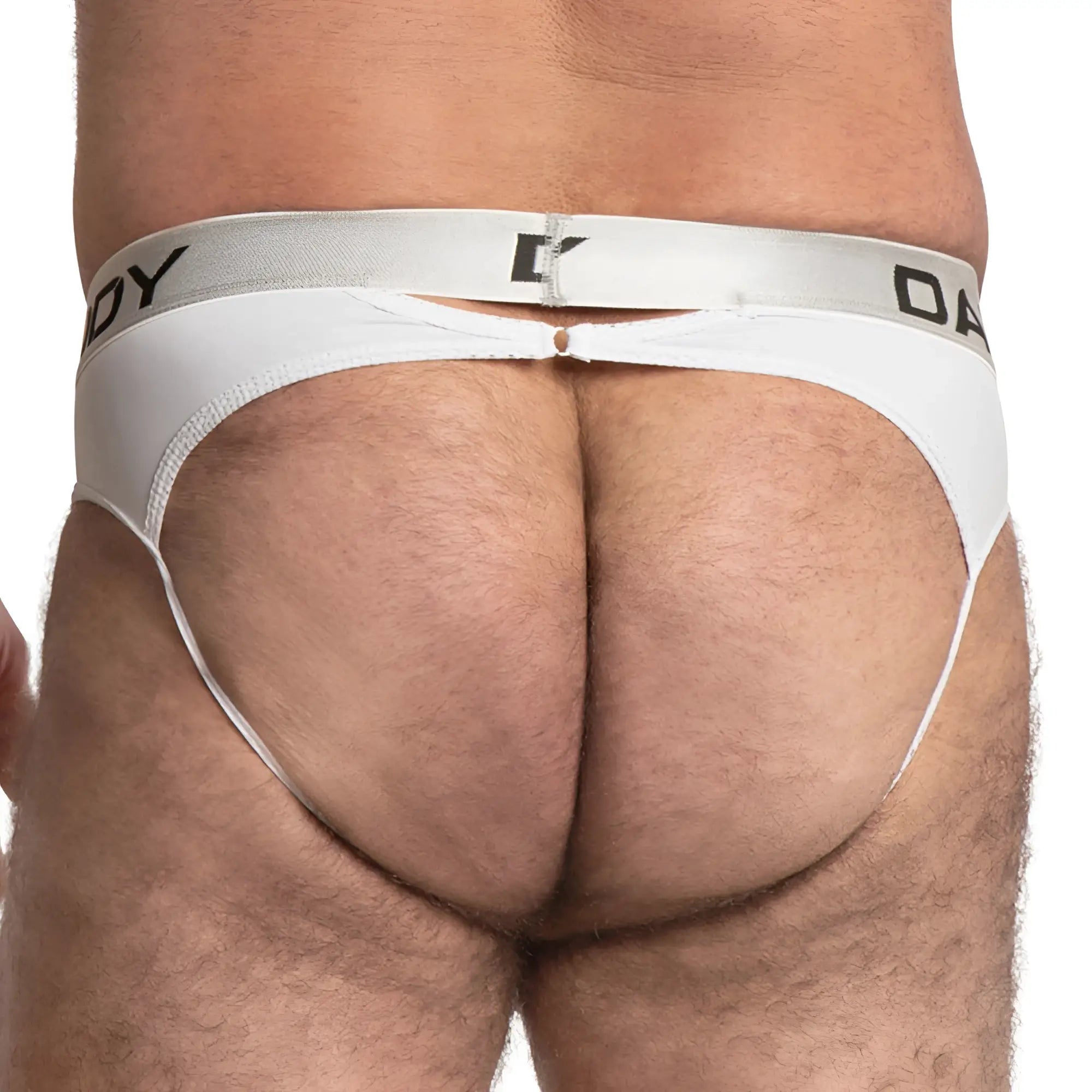 White athletic briefs Daddy DDE041 jockstrap with gray waistband and black lettering front view