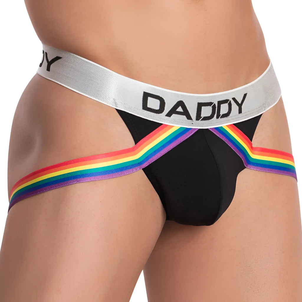 Black men’s briefs daddy dde045 jockstrap with silver waistband daddy lettering and rainbow trim along the sides
