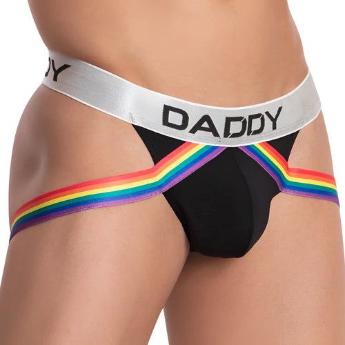 Black men’s briefs daddy dde045 jockstrap with silver waistband daddy lettering and rainbow trim along the sides