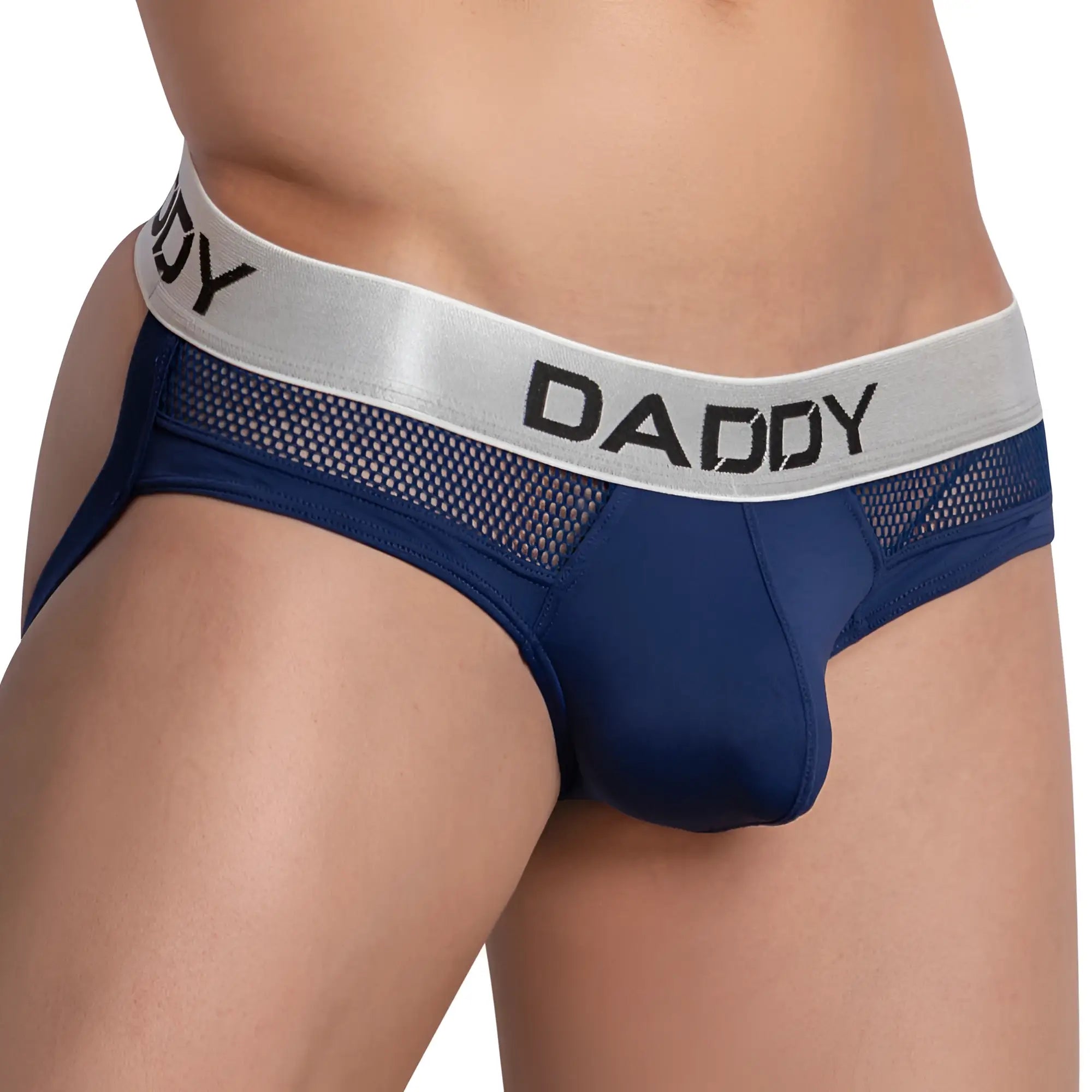 Navy blue Daddy DDE047 jockstrap briefs with silver waistband black lettering and breathable mesh panels