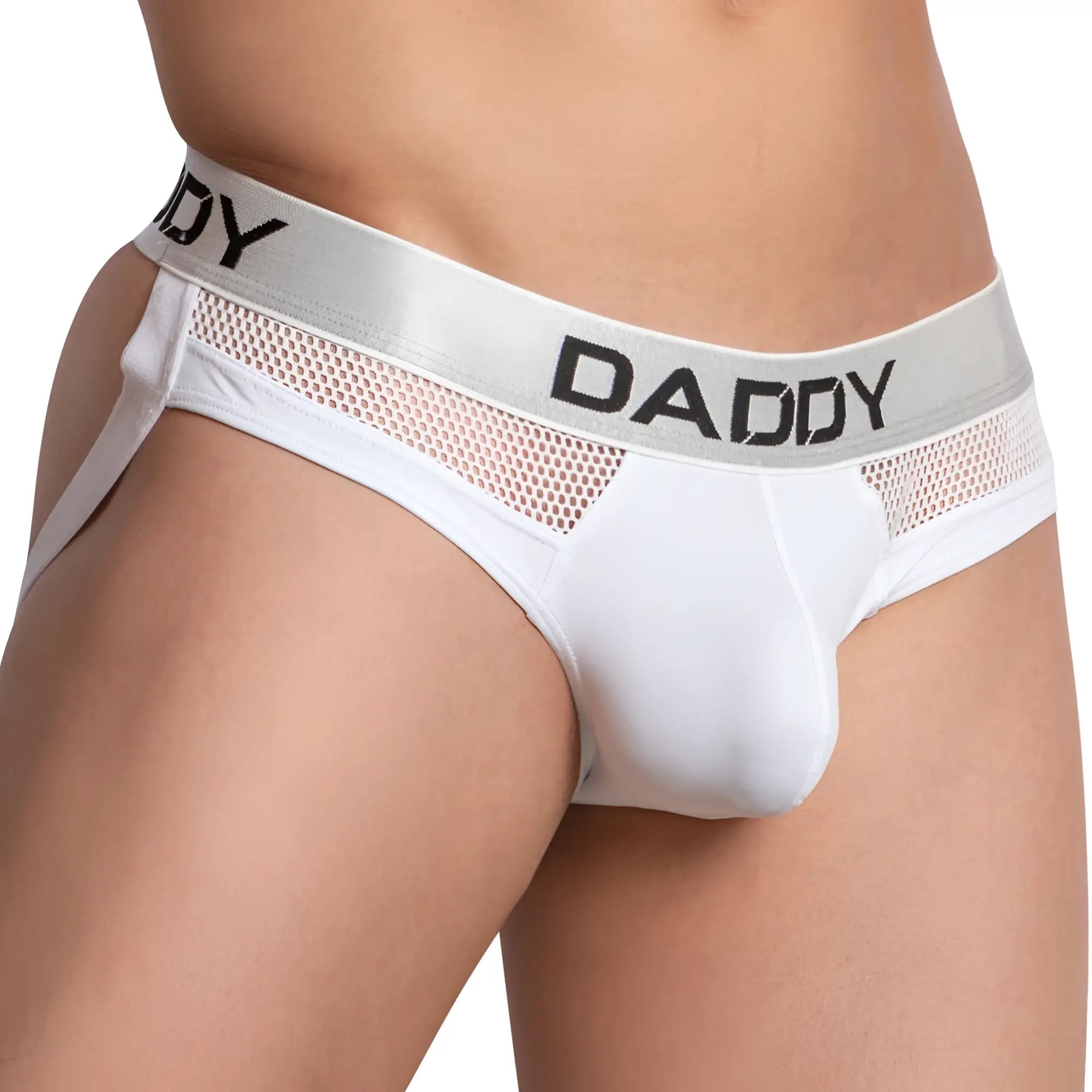 White men’s briefs with a silver mesh waistband featuring the word daddy in black lettering from Daddy DDE047 Jockstrap