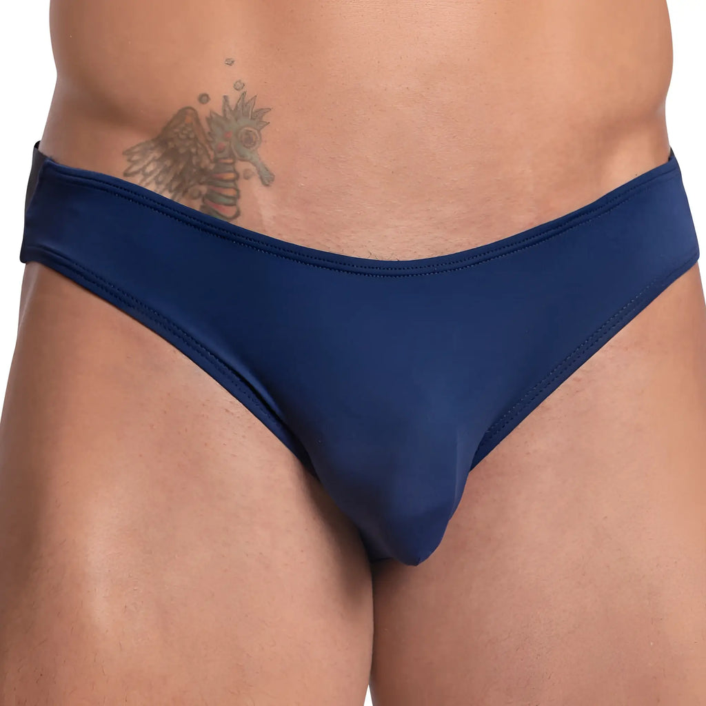 Navy blue daddy dde052 jockstrap swim trunks with smooth form-fitting fabric and low-rise cut