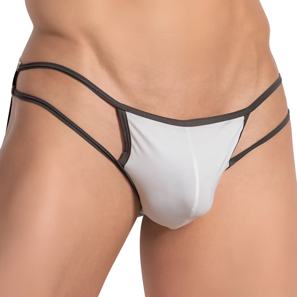 Daddy DDE056 jockstrap in white and black with a sleek form-fitting thong design shown from the front