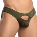 Olive green mesh and solid fabric men’s briefs with cutout design from daddy dde058 jockstrap product line