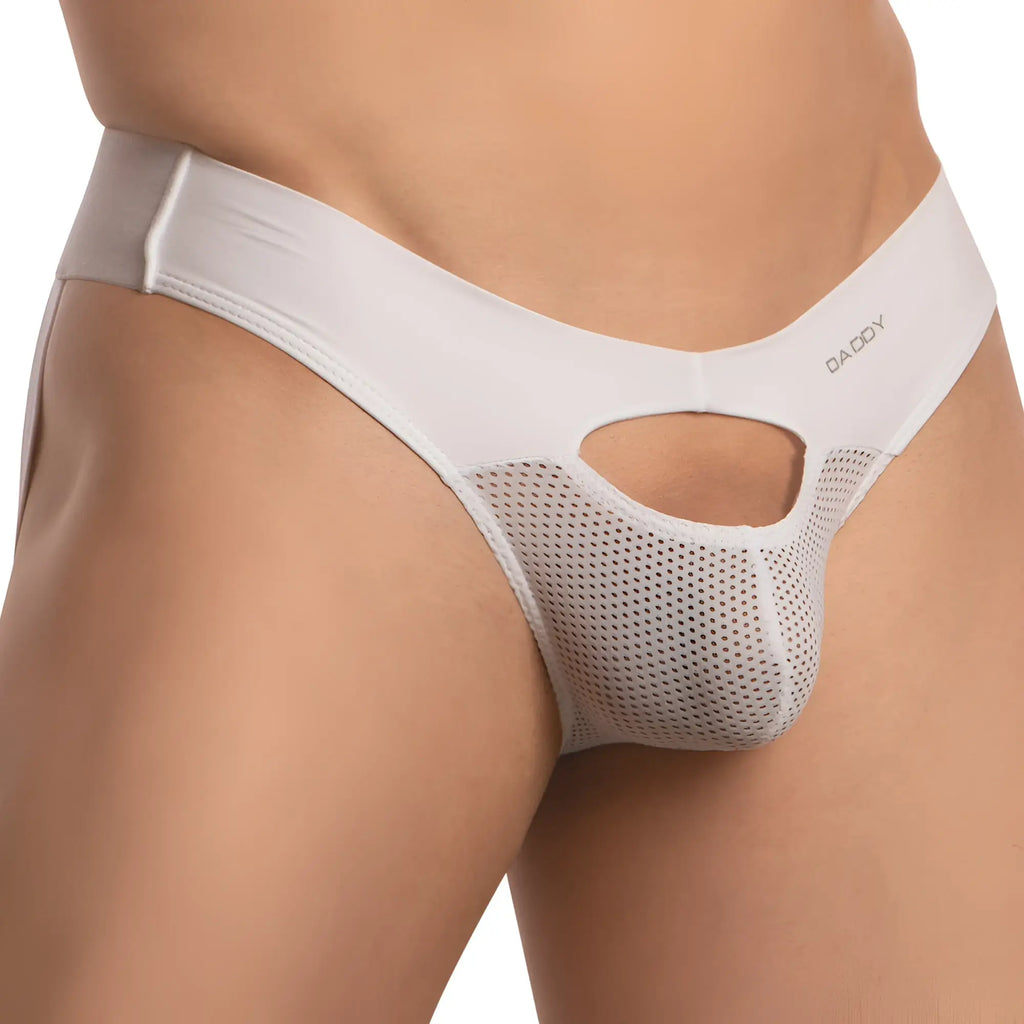 White daddy brand men’s briefs jockstrap with white mesh panel and cutout design for enhanced breathability