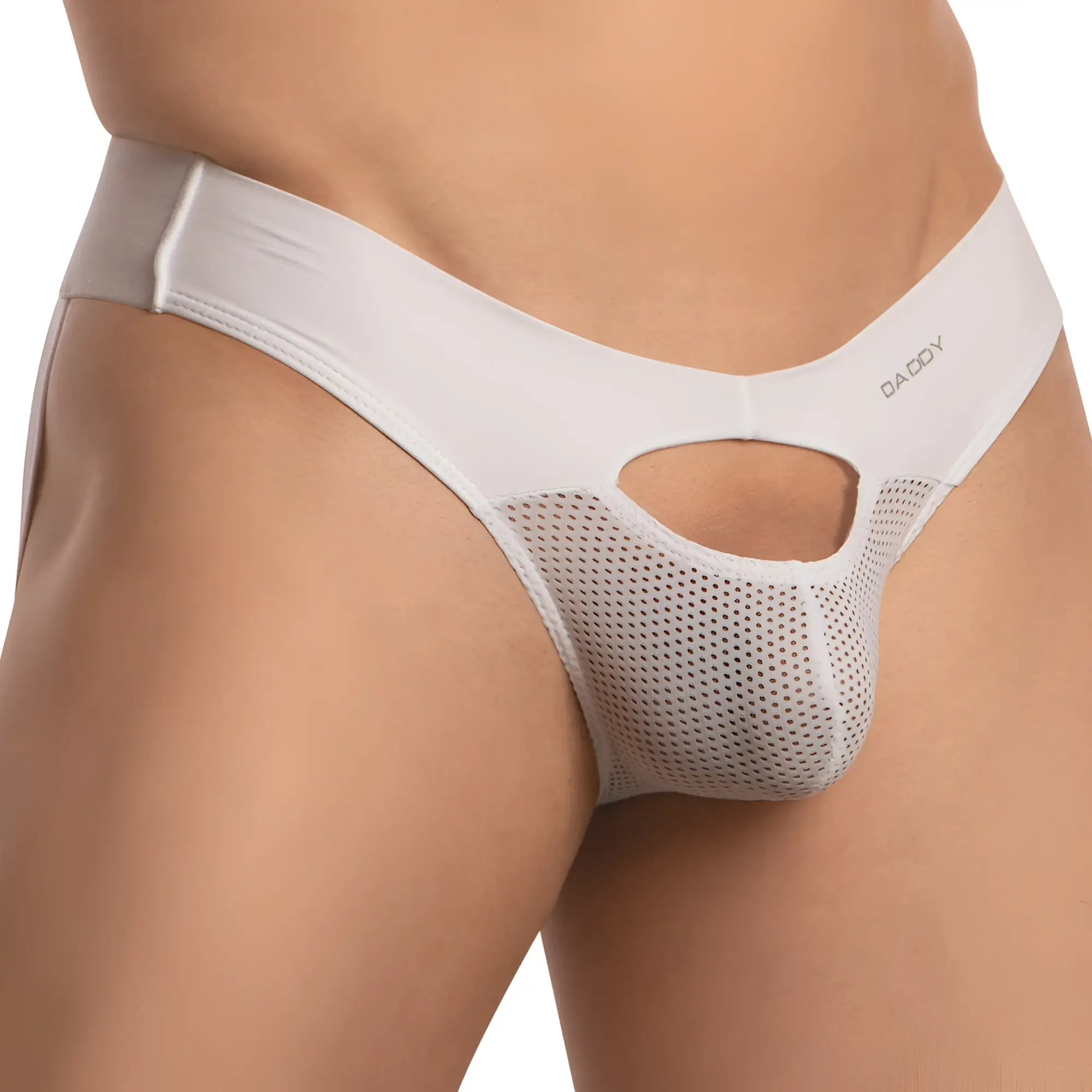 White daddy brand men’s briefs jockstrap with white mesh panel and cutout design for enhanced breathability