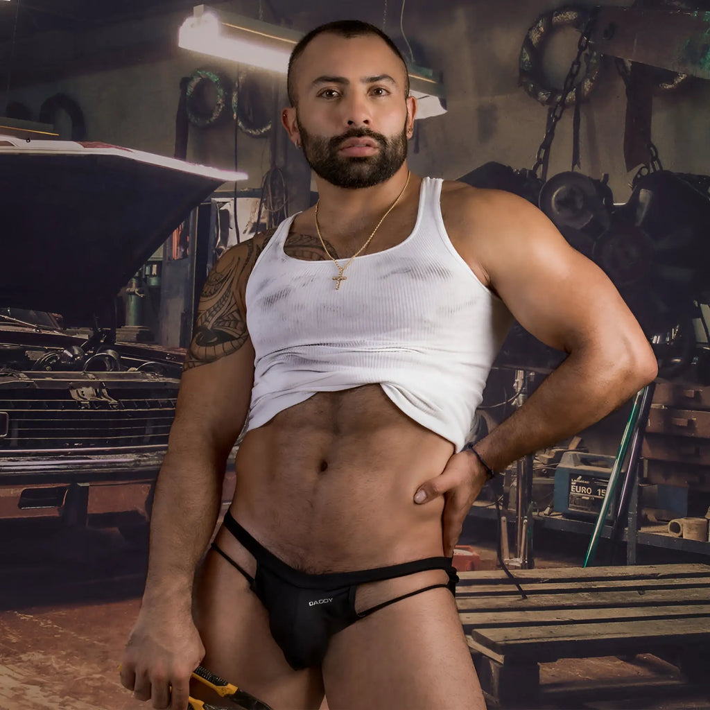 Black baddy brand daddy dde059 jockstrap briefs with subtle logo on front in comfortable black fabric