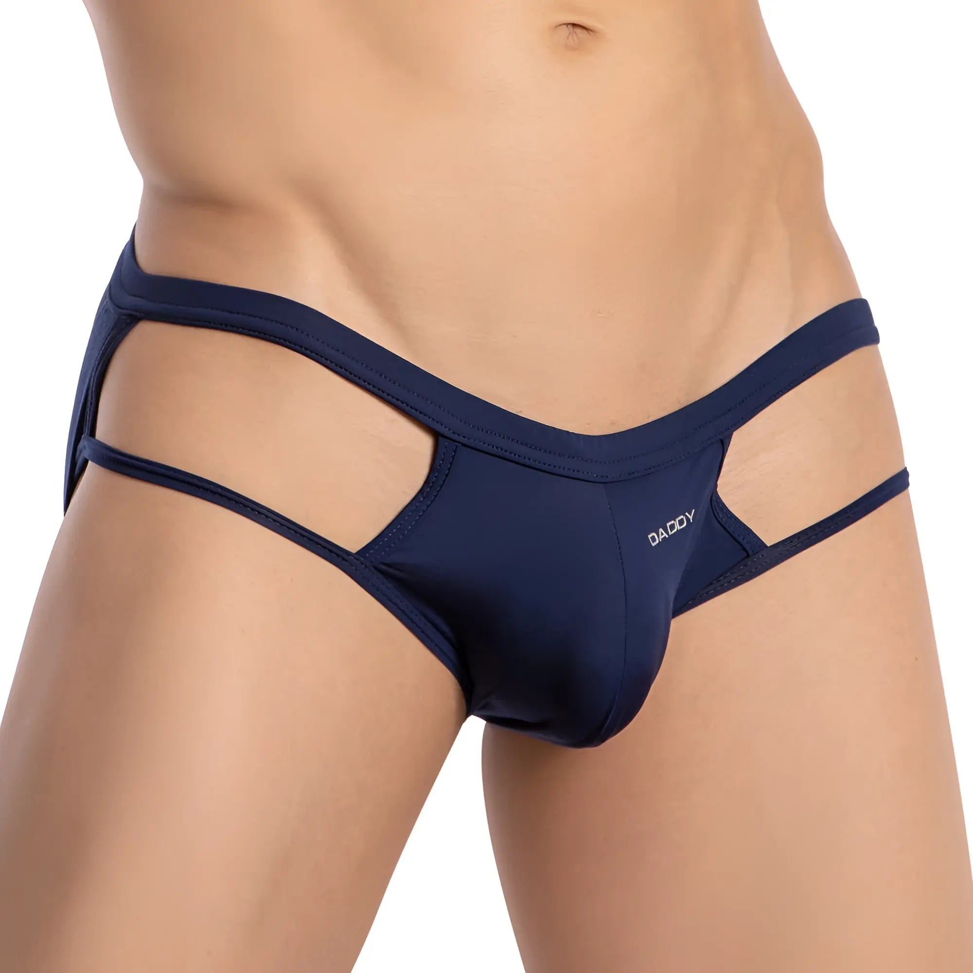 Navy blue daddy brand men’s briefs with a cut-out design in breathable fabric for supportive wear