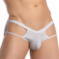 White daddy brand men’s sheer white jockstrap underwear with form-fitting design and thin side straps front view
