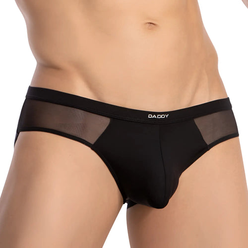 Black daddy brand men’s briefs with sheer mesh side panels in the daddy dde060 jockstrap design