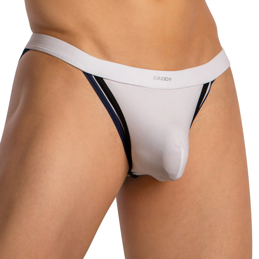 White daddy brand thong jockstrap with navy blue and white striped side panels for comfortable support