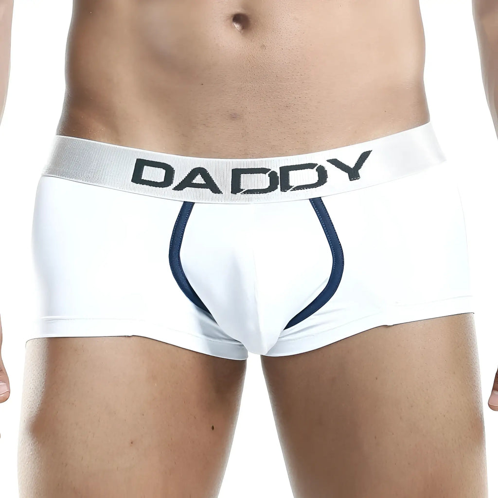 Daddy ddg001 boxer trunk briefs in white with navy blue trim and silver waistband designed for comfort and style