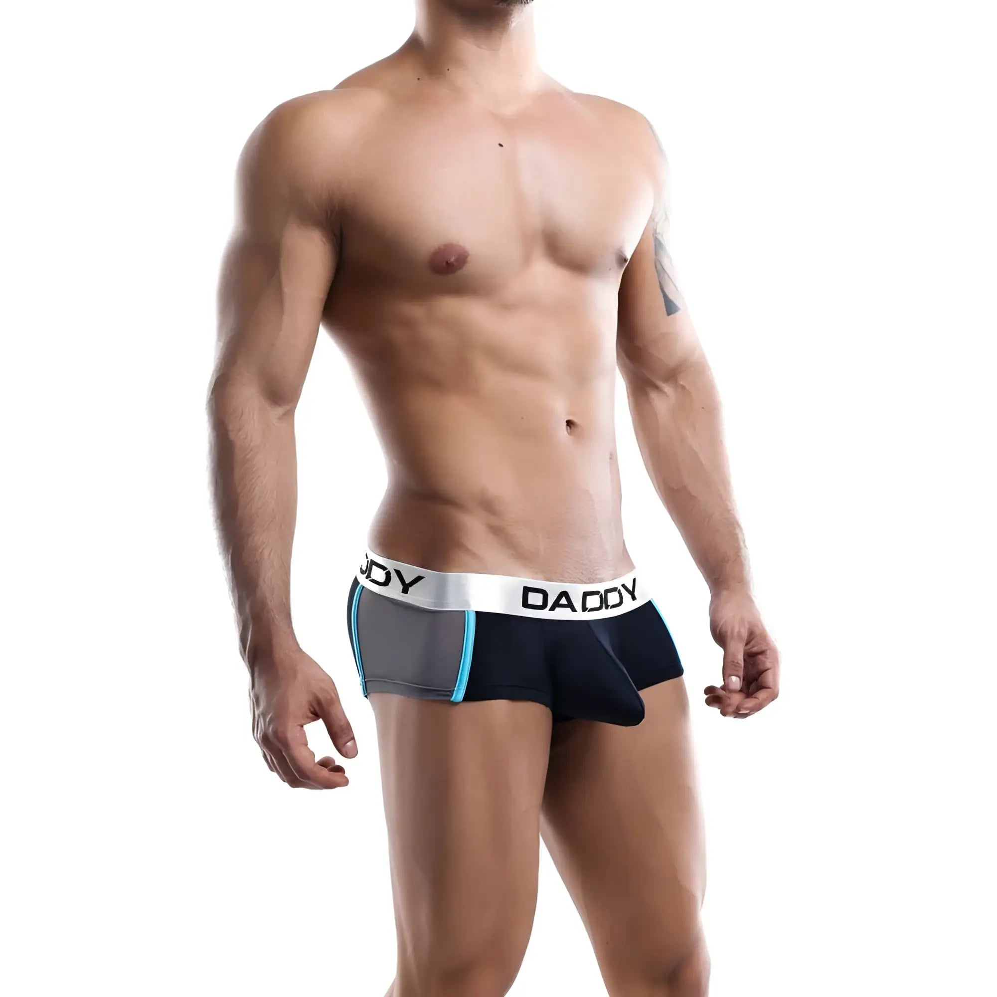 Black and gray daddy ddg003 boxer trunk with white waistband and light blue side trim for comfortable support