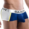 Daddy DDG003 boxer trunk men’s underwear in blue and silver with yellow trim featuring mesh side panel