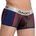 Navy blue and black mesh daddy ddg007 boxer brief with red trim and silver waistband with bold black letters