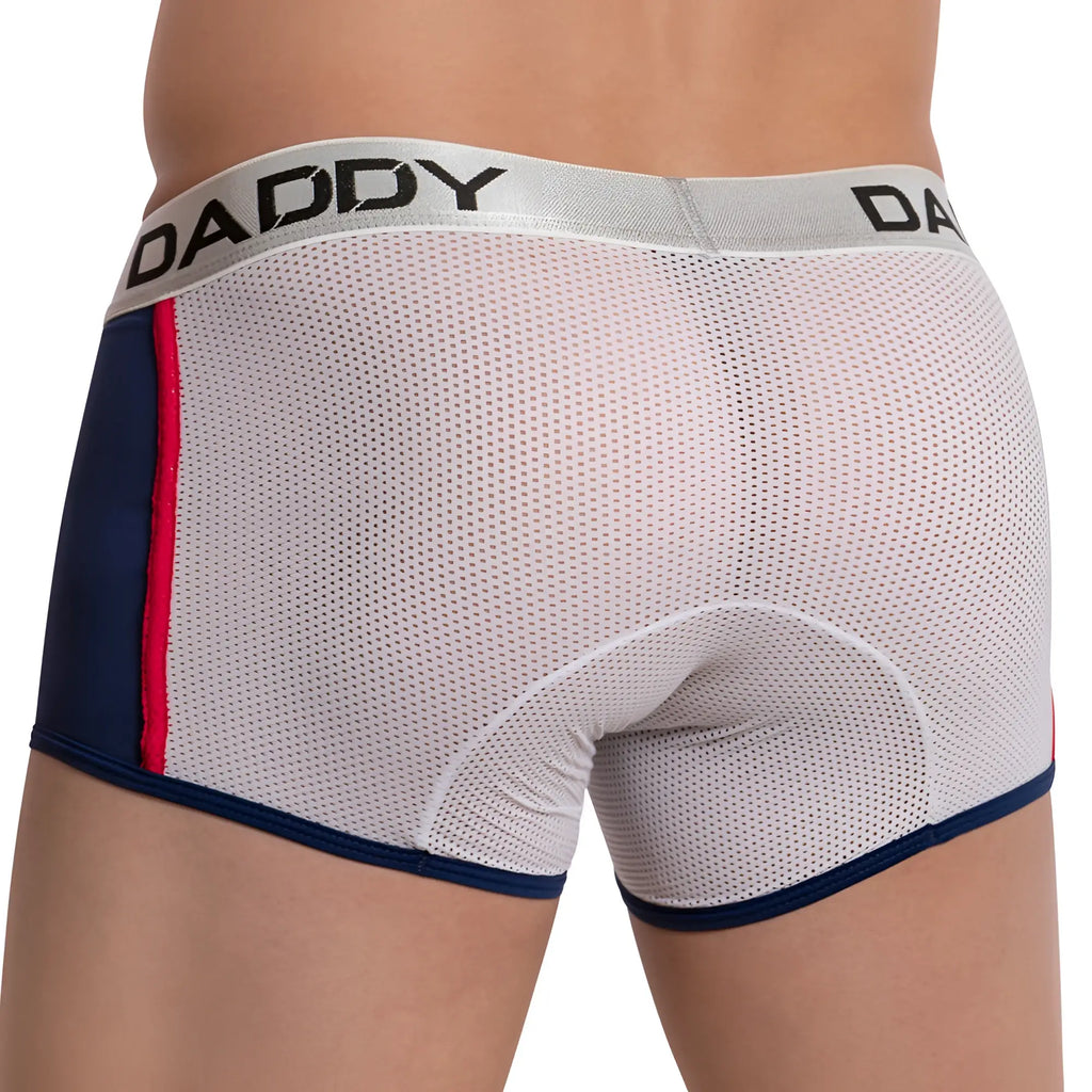 White mesh daddy ddg007 boxer briefs with navy side panels red stripe and silver waistband branding