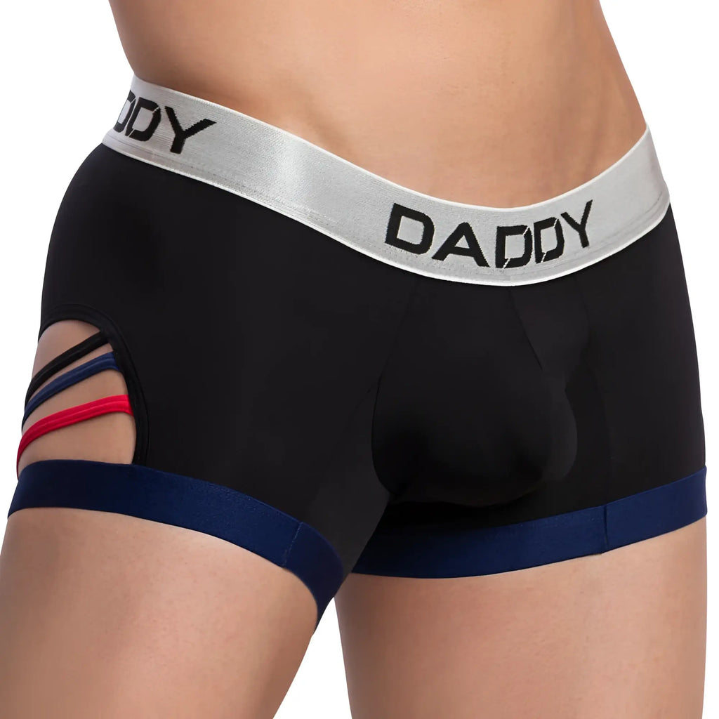 Black men’s boxer briefs daddy ddg008 trunk with silver waistband navy trim and colorful striped side cutouts
