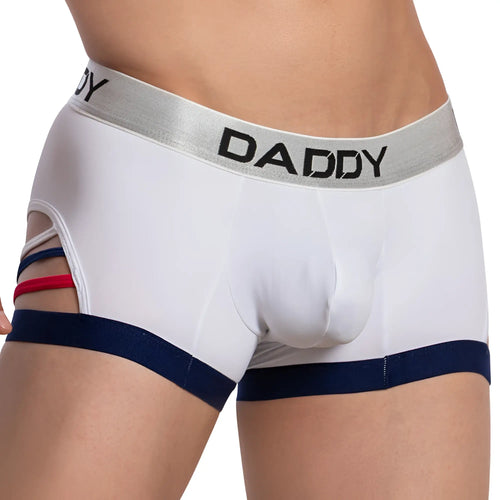 White men’s boxer briefs daddy ddg008 trunk with silver waistband navy trim and red white blue elastic cutouts