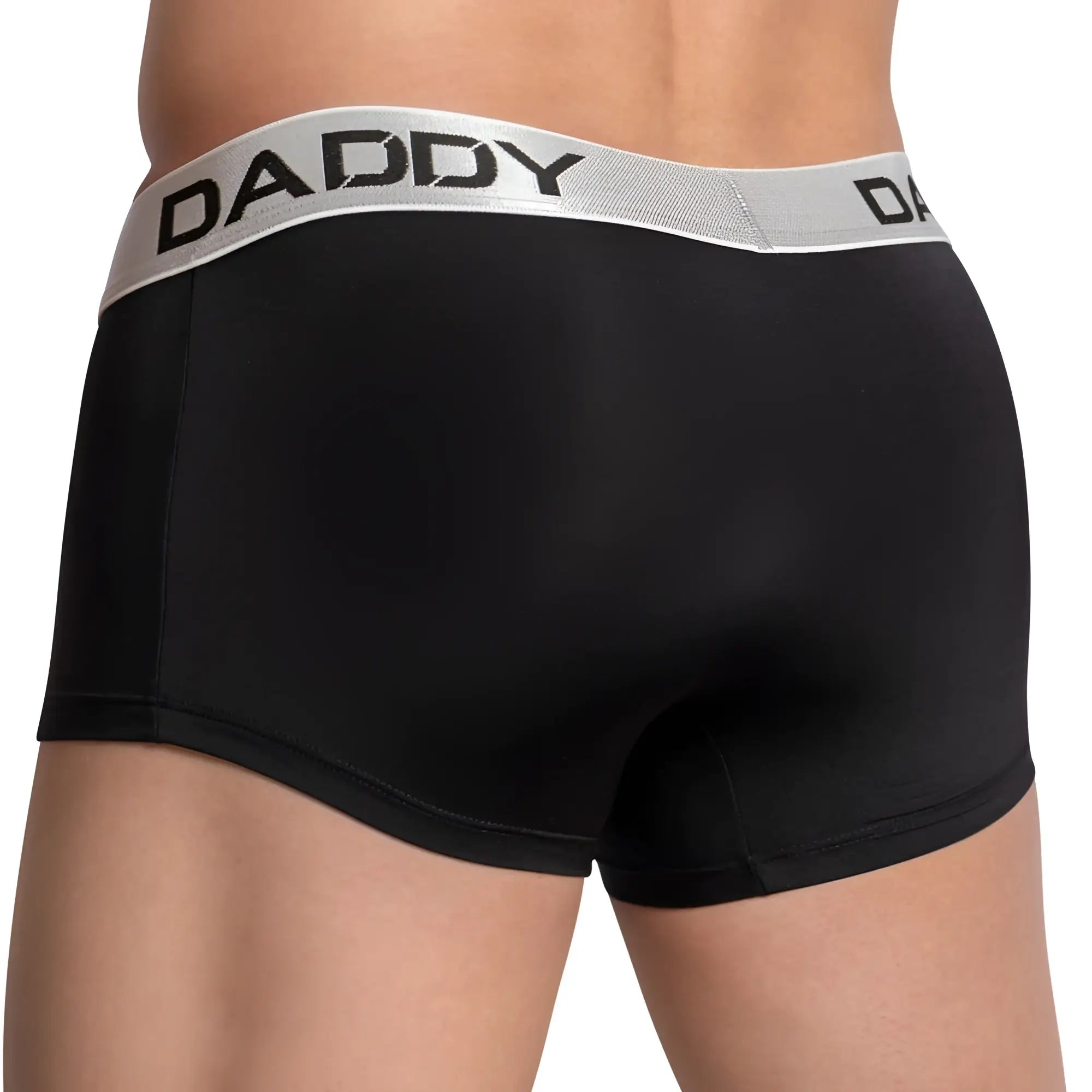 Black daddy brand boxer briefs dddg009 with silver waistband and bold black lettering for comfortable everyday wear