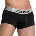Black men’s boxer briefs daddy ddg009 with silver waistband and bold black lettering for comfortable everyday wear