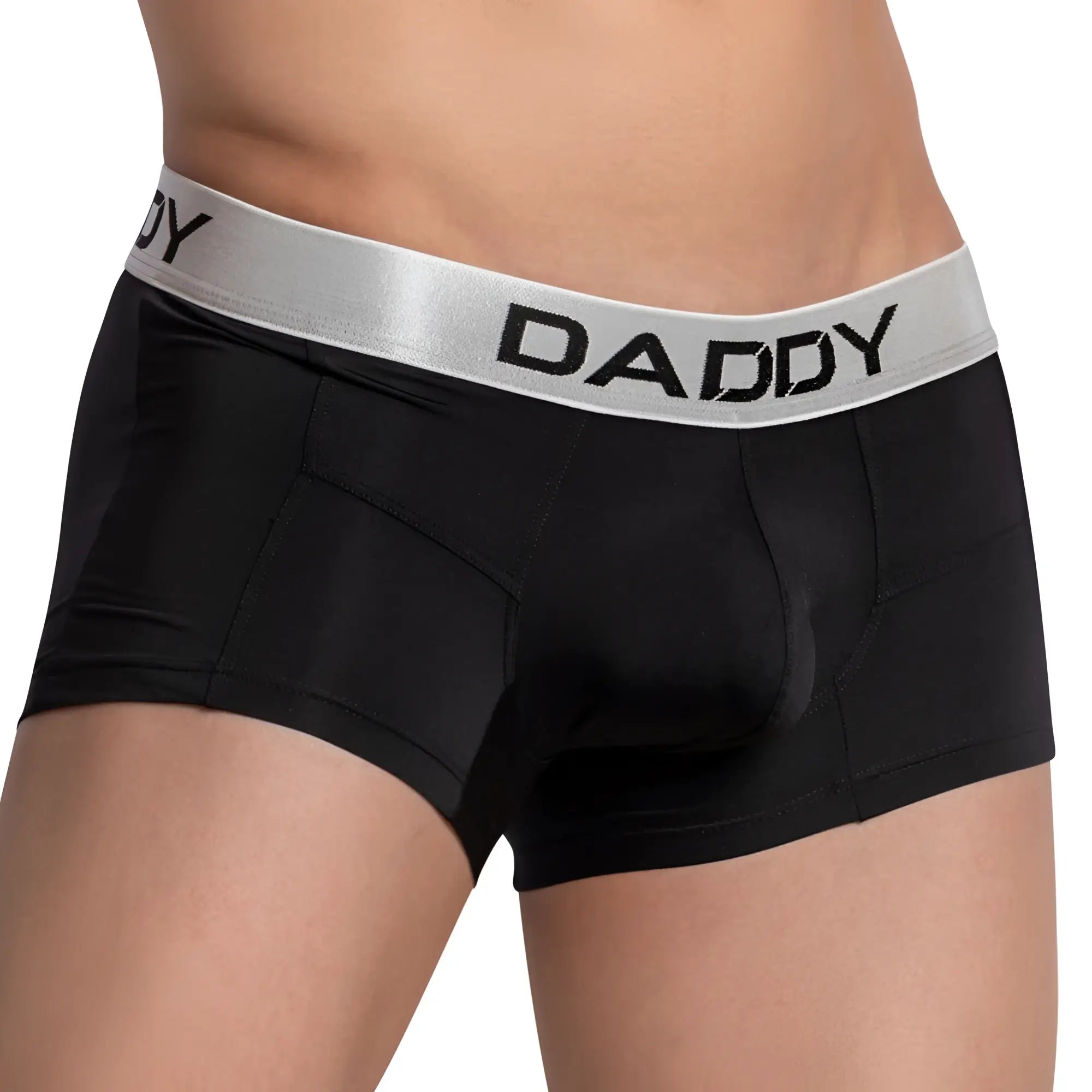 Black men’s boxer briefs daddy ddg009 with silver waistband and bold black lettering for comfortable everyday wear