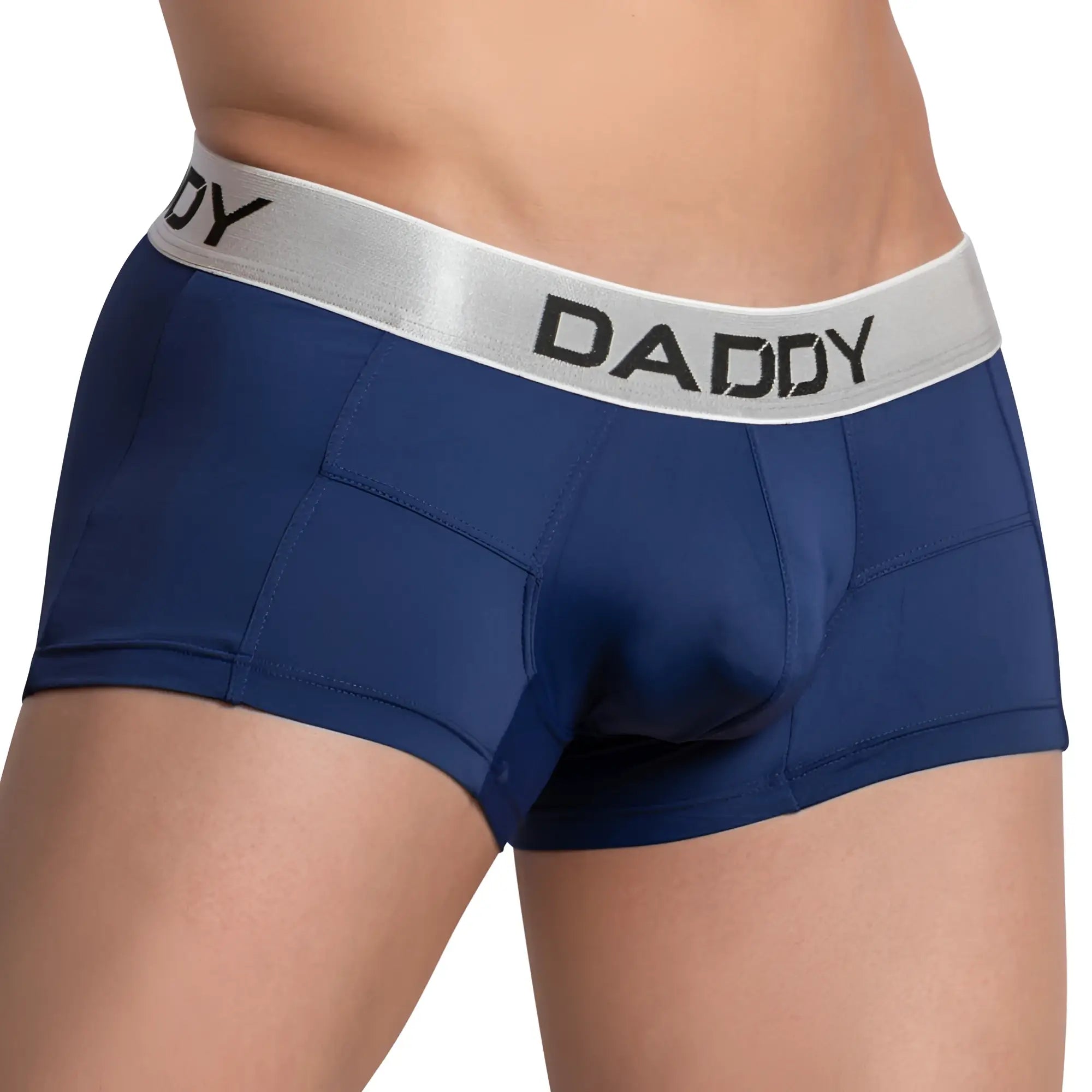 Navy blue daddy ddg009 boxer briefs with a silver waistband featuring black lettering for comfortable daily wear